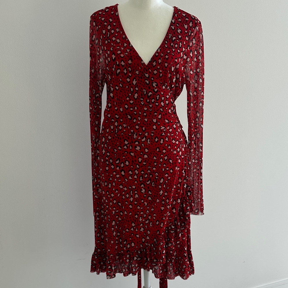 Sanctuary Red Long-Sleeve V-Neck Leopard Print Wrap Dress